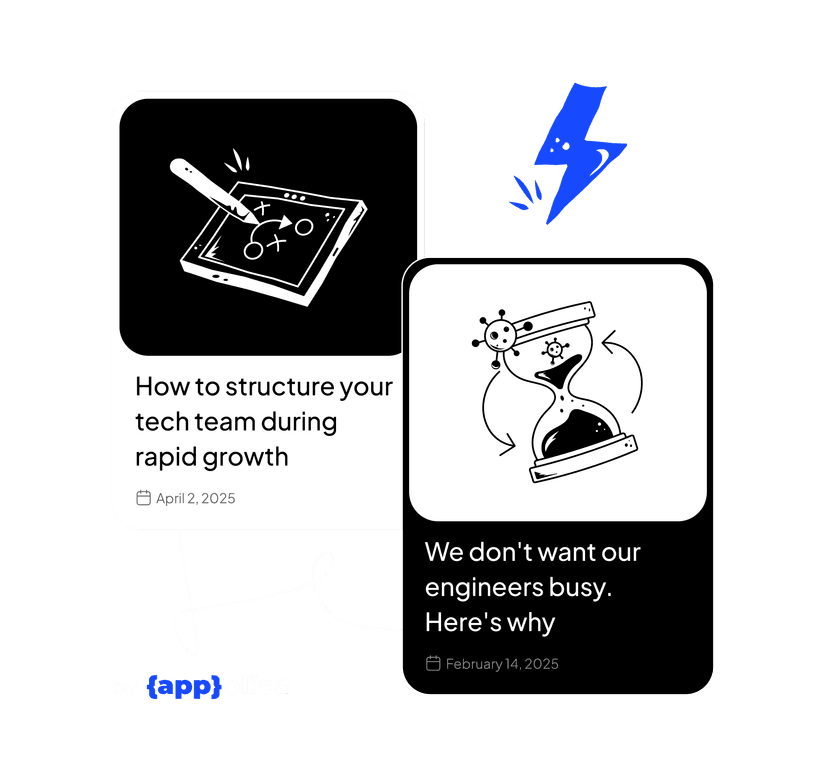 Two Build & lead newsletter issue cards with sketch illustrations